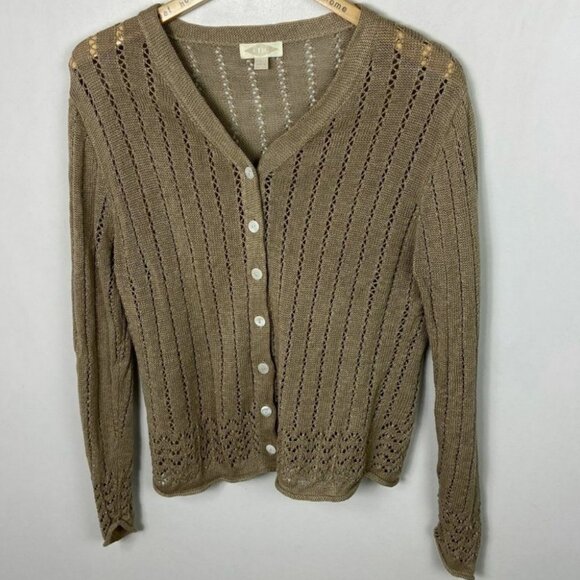 Vintage CDG 100% Linen Tan Knit Cardigan Sweater Cutout Lightweight Hong Kong L - Picture 12 of 13